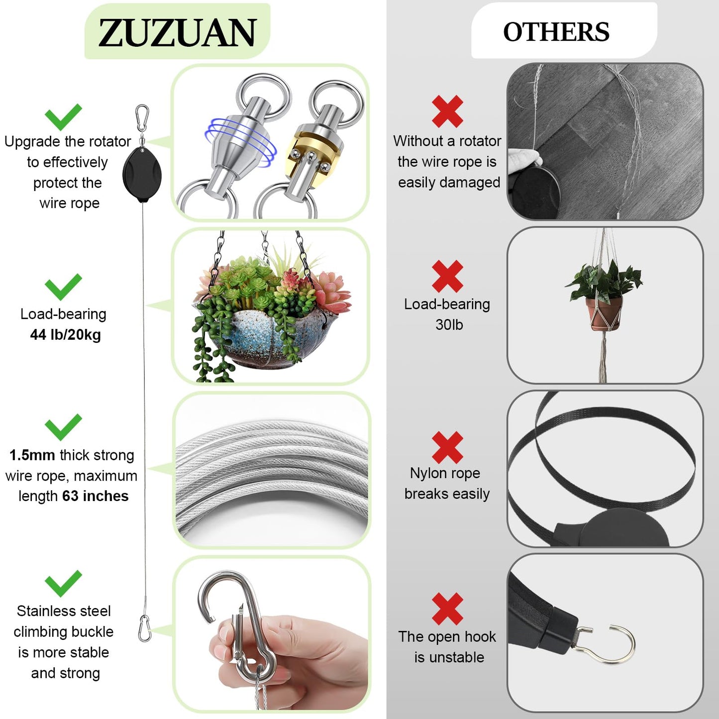 ZUZUAN 3 Pcs Upgraded Heavy Duty Retractable Plant Hanger,Plant Pulleys for Hanging Plants,Easy to Raise and Lower,Auto Lock,Adjustable Hook for Garden Baskets Pots,Birds Feeder and Grow Lights,Black