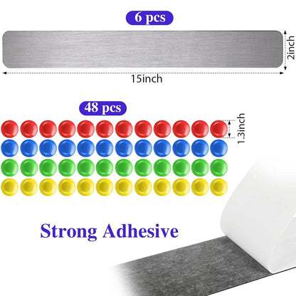 Outus 6 Pcs 15" x 2" Magnetic Wall Strips, Magnetic Bulletin Board Strip Set with 48 Pcs Colorful Magnets, Metal Display Board for Office Home Notes Photos(Silver)
