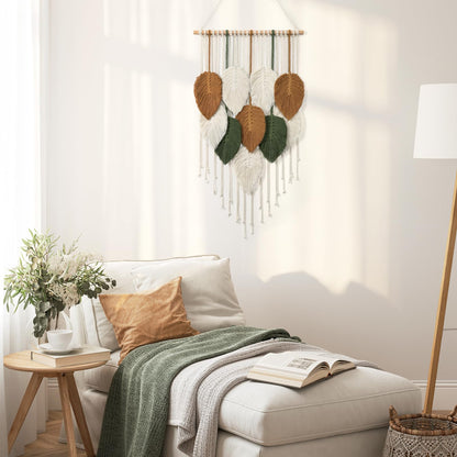 KHOYIME Macrame Wall Hanging Leaves Woven Tapestry, Boho Chic Home Decor Modern Bohemian Handmade Leaf Feather Wall Art Decorations for Apartment Dorm Living Room Bedroom Nursery Backdrop 16.5"x29.5"