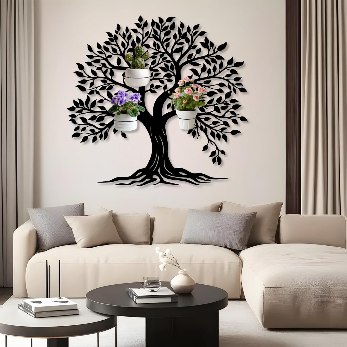 Tree of Life Metal Wall Mounted Plant Holder, Tree Wall Plant Holders Indoor Stand, Metal Hanging Plants Shelf for Living Room, Entryway (Black, 31"x 29"| 80x75cm, 3 Pack 6" Flower Pot Holder Ring)