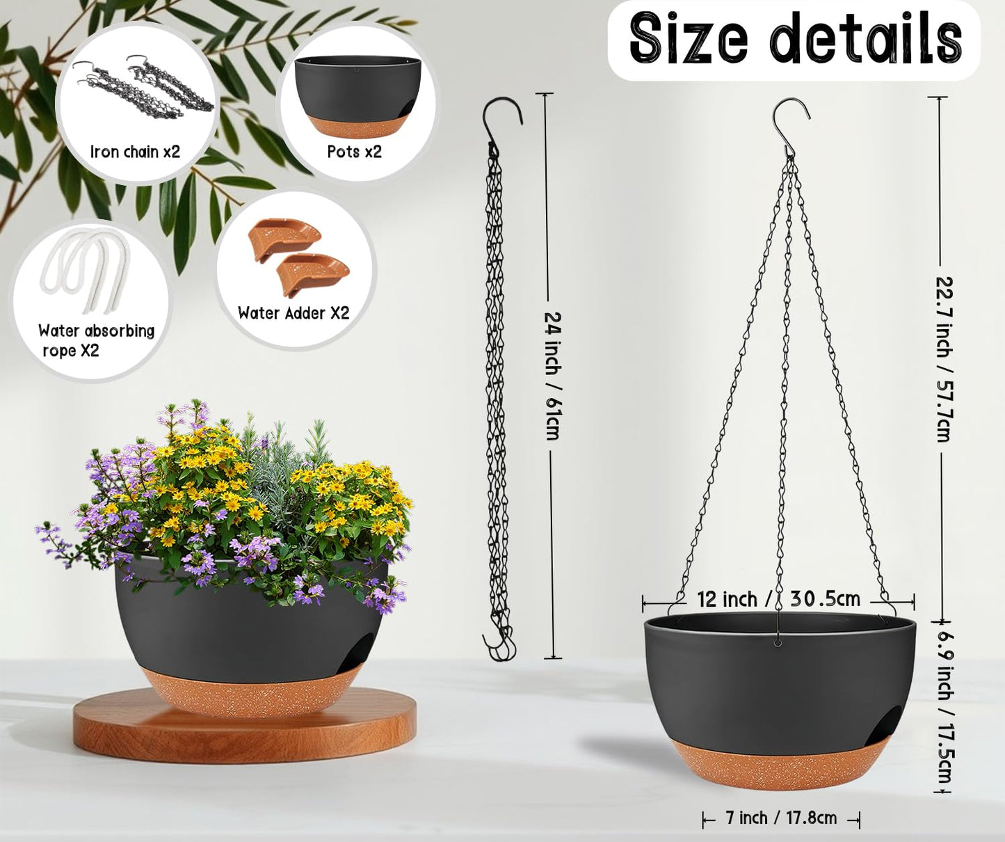 zople 2 Pack 12 Inch Self Watering Hanging Planters for Indoor Plants, Large Black Brown Plastic Hanging Pots with Chains for Outdoor Patio Garden Home Decor Black Brown