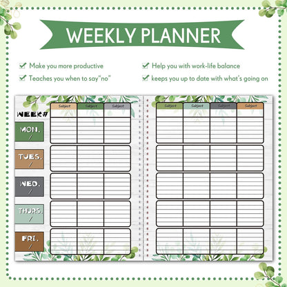 Fuyoooo Eucalyptus Teacher Planner Undated Academic Year Teacher Lesson Planner Book Green Plants Daily Weekly Monthly Spiral Planner Checklist Organizer with Stickers for Classroom, 8.5'' x 11''