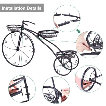 unho Tricycle Iron Planter Stand: 3 Potted Bicycle Shape Plant Flower Pot Rack Metal Display Shelf Holder for Patio Garden Indoor Outdoor