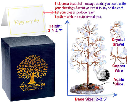 QINJIEJIE Opal Healing Crystals Natural Stone Decor Reiki Gemstone Tree Agate Slice Base Copper Wire Money Tree of Life White Opalite Home Office Decoration Spiritual Luck Gift for Women