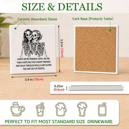 Xiahde Funny Skeleton Friends Coasters Dark Humor Gothic Ceramic Coasters Set of 2, for Women, Absorbent Stone Coasters with Cork Base Drink Coaster for Home Bar Halloween Decor