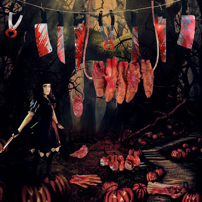 Lansian Halloween Decorations Blood Weapon Garland Banner Props Hanging Scary Fake Severed Hand Broken Body Parts for Haunted House Halloween Vampire Zombie Party Supplies (6pcs Body Parts)