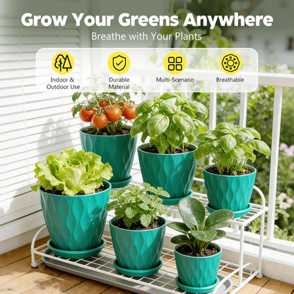 KEETUMOOD Plant Pots, Self Watering Planters with Drainage Holes and Trays, Flower Pots for Indoor Outdoor - 6 Pack(4/5/6/6.5/7/8 Inch) (Dark Green)