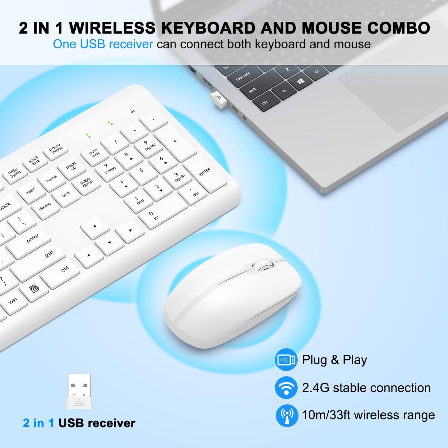 Wireless Keyboard and Mouse Combo, Full Size Silent Ergonomic Keyboard and Mouse, Long Battery Life, Optical Mouse, 2.4G Lag-Free Cordless Mice Keyboard for Computer, Mac, Laptop, PC, Windows