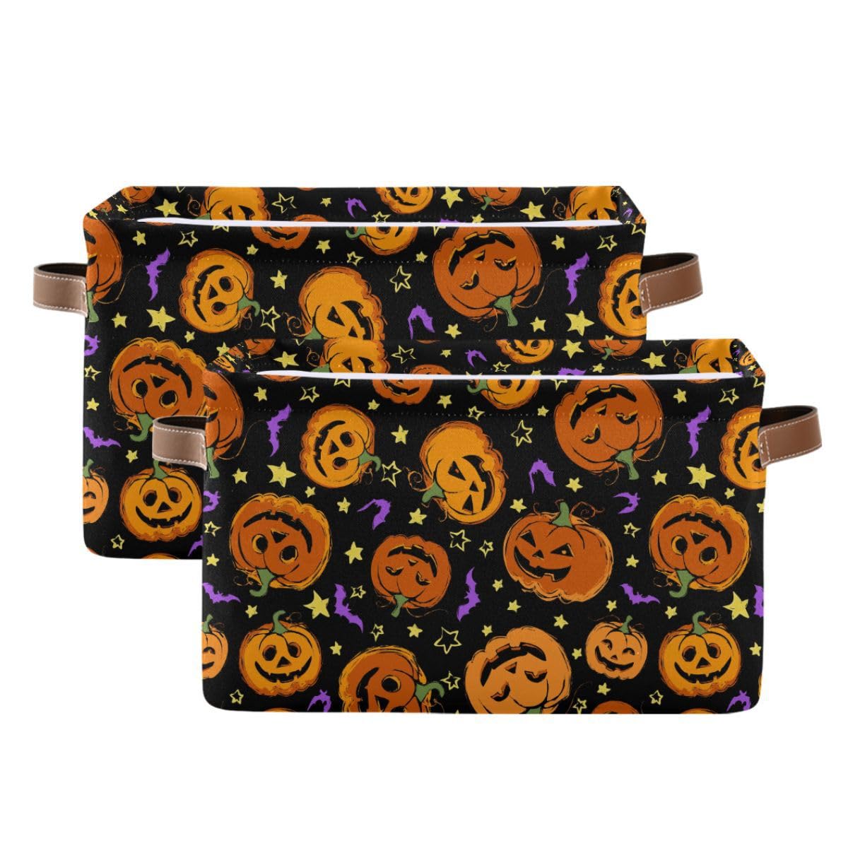 Halloween Pumpkin Spooky Storage Basket Fabric Kitchen Baskets Purple Bat Black Open Home Storage Bins Boxes Foldable Organizer Bag for Baby Cloth Pet Toy Book Shelf Closet Baskets 16×12×8 Inches