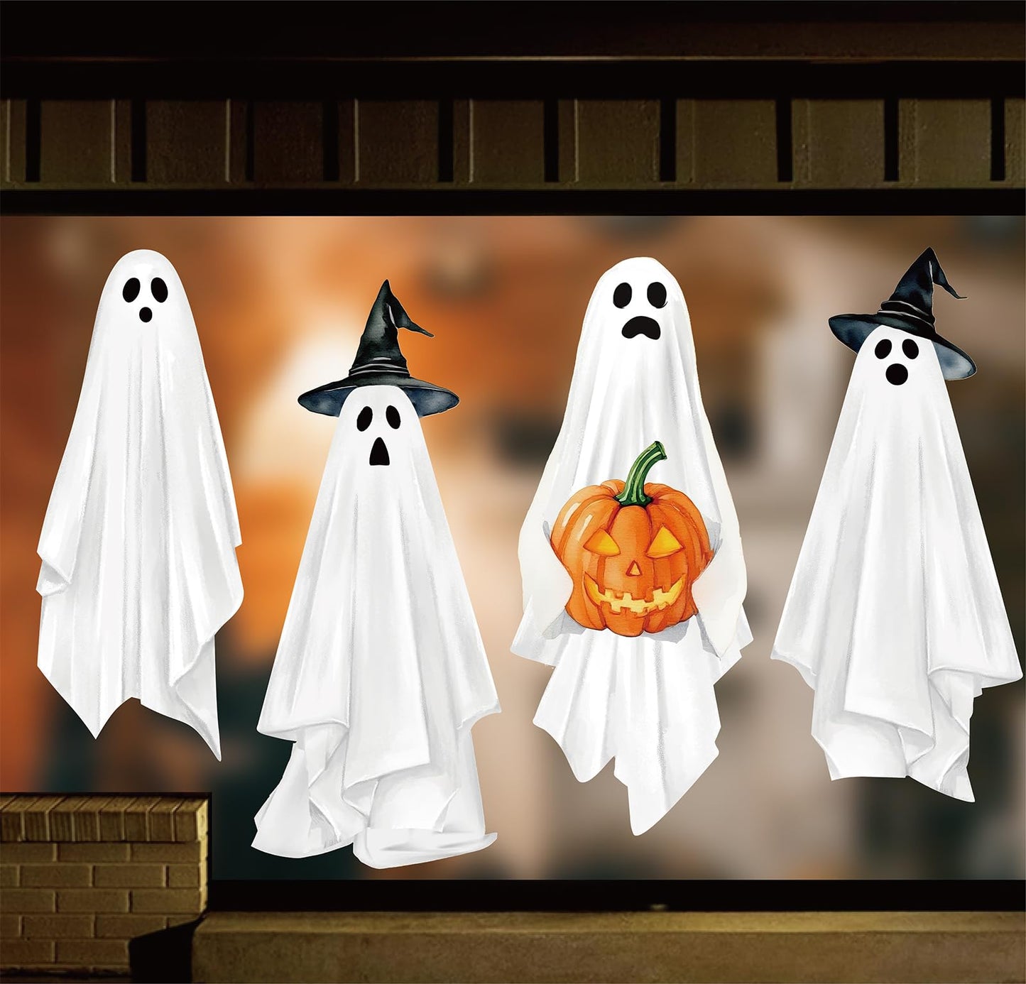 JarThenaAMCS Extra Large Halloween Window Clings Ghost Witch Hat Pumpkin Window Stickers Double-Sided Glass Decals for Home Classroom Office Party Decoration, 4 Sheets