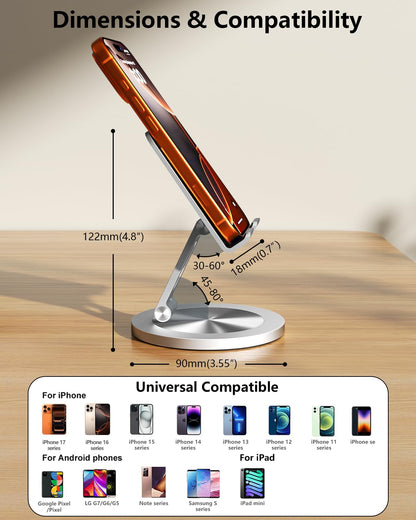 YCNEW Phone Stand for Desk, 360° Rotating Dual Adjustable Foldable Holder, Heavy Solid All-Aluminum Base Anti-Slip Stable Support for Home Office Study, Fits iPhone Galaxy 4-8" Phones (Silver)