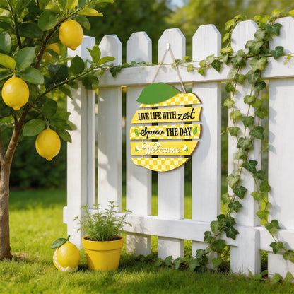 HOURIA Summer Lemon Welcome Front Door Sign Hanging(11.4"x11.5"), Checkered Lemon Wreath Rustic Wooden Wall Decor,Funny Welcome Decorations for Classroom Porch Home Kitchen,Housewarming Gift