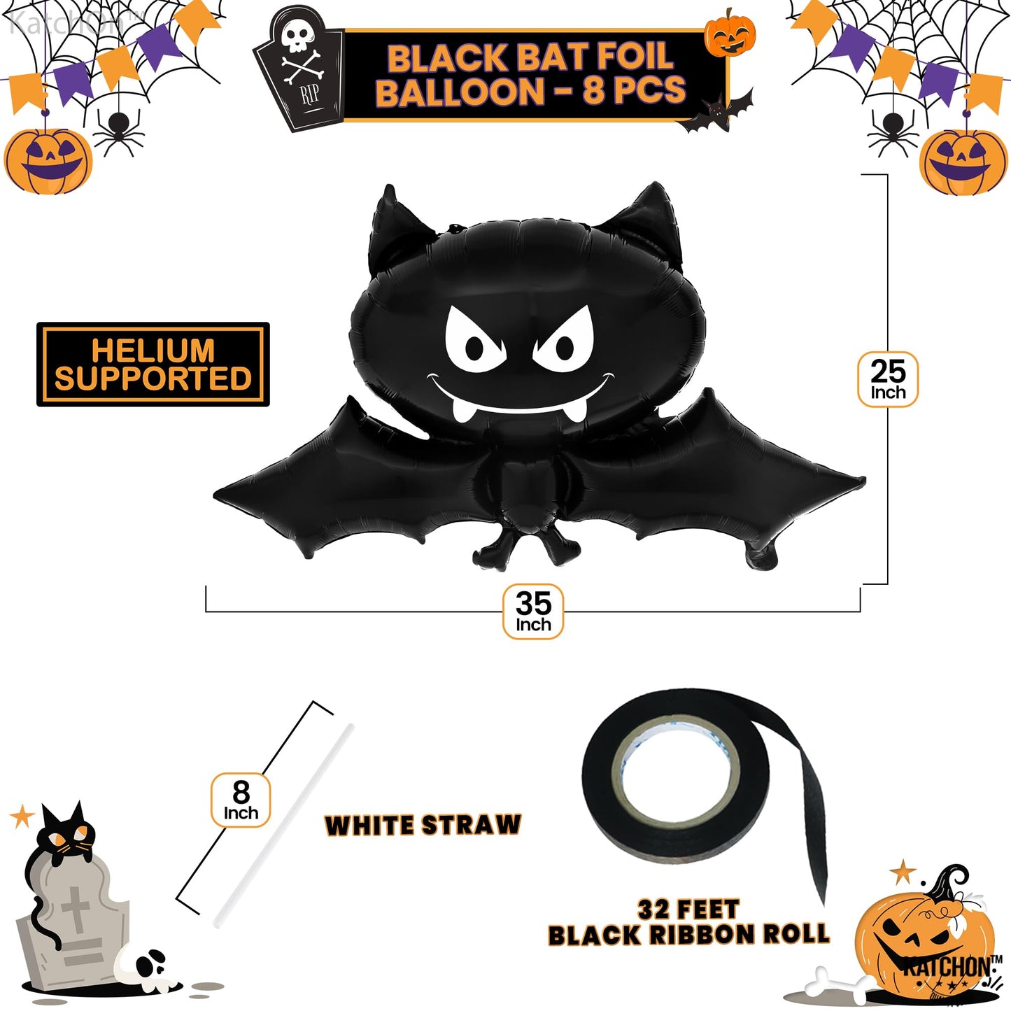KatchOn, Black Bat Balloons - 35 Inch, Pack of 8 | Summerween Bat Balloon for Summerween Party Decorations | Halloween Bat Foil Balloon For Spooky Summer Decorations | Summer Bat Halloween Decor