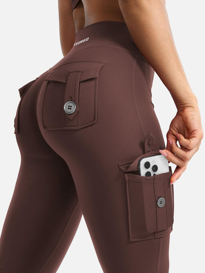 YEOREO CoreFlex Women Workout Flare Leggings with Pockets Hidden Scrunch Cargo Gym Yoga No Front Seam Leggings Chocolate L