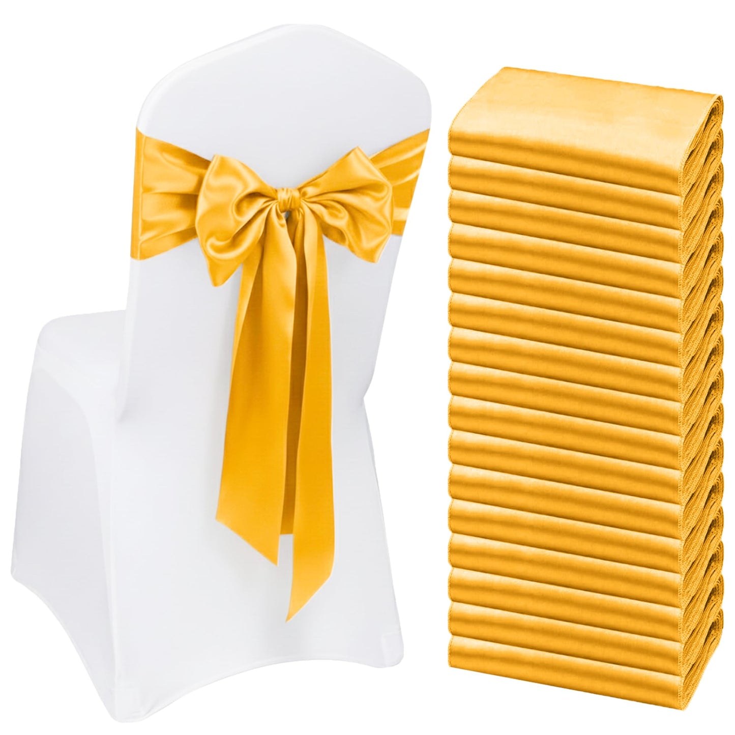 Hodoee 50 PCS Gold Satin Chair Sashes Bows Universal Chair Ribbon Ties Back Sash for Wedding Party Banquets Event Chair Cover Decoration(Gold, 7x108 inch)