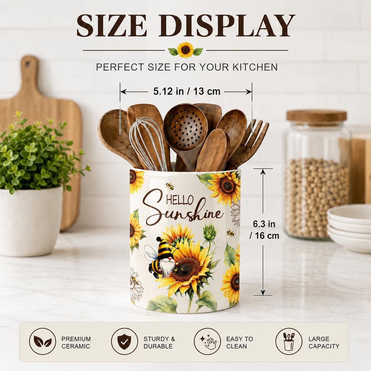 DPOTHK Bee Gnome Utensil Holder, Ceramic Kitchen Utensil Holder, Utensil Crock for Home Kitchen Countertop Storage Organizer Container, Large Holder for Spatulas, Spoons, Kitchen Counter Decor, 6"