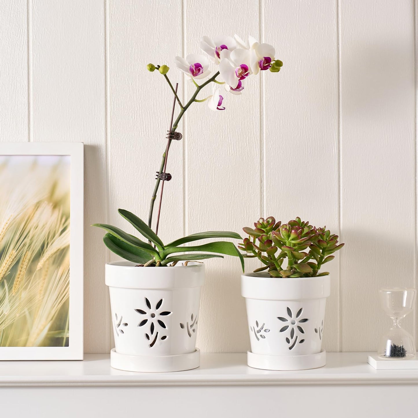 STHIE Small Orchid Pots with Holes 5 Inch & 6 Inch, Ceramic Orchid Pots for Repotting, 2 Pack Breathable Slotted Orchids Planter, White Flower
