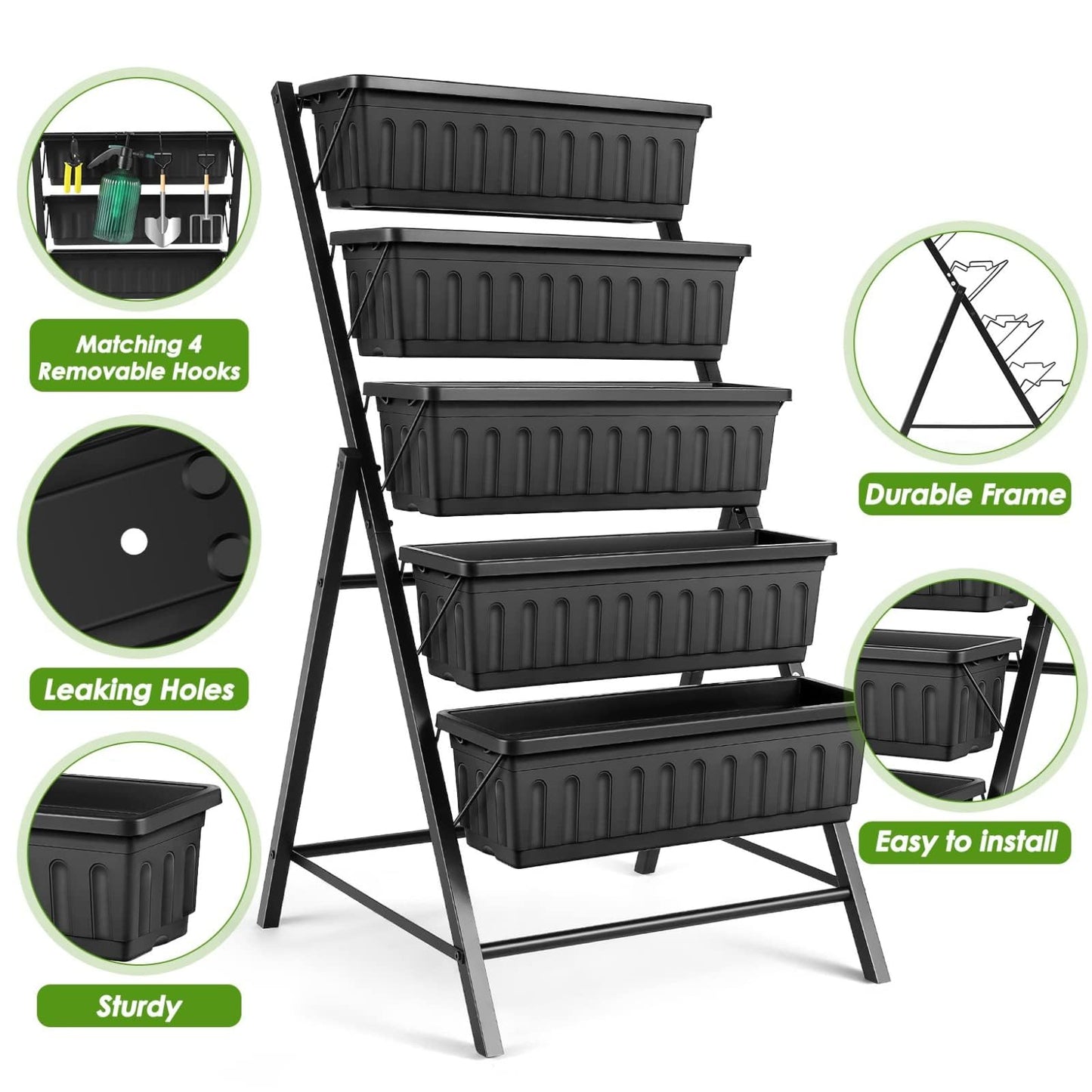 SEJOV 4FT Vertical Raised Garden Bed, 5 Tiers Elevated Planter Box for Herbs Vegetables Flowers, Graden Vertical Planter with Drainage System for Patio Balcony Garden Outdoor Indoor Plants (Black)