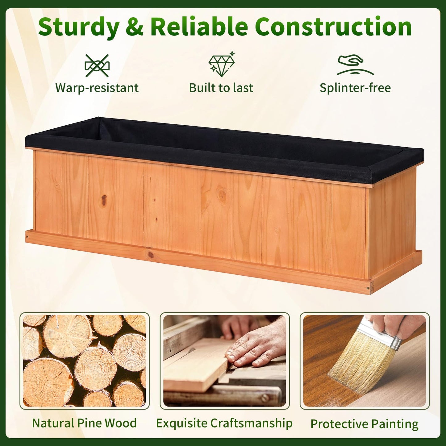 Giantex Raised Garden Bed with 3 Drainage Holes, 44”x10”x12” Wooden Elevated Planter Box w/Removable Bottom & Bed Liner, Elevated Flower Bed, Rectangular Plant Container for Vegetables Herbs & Fruits