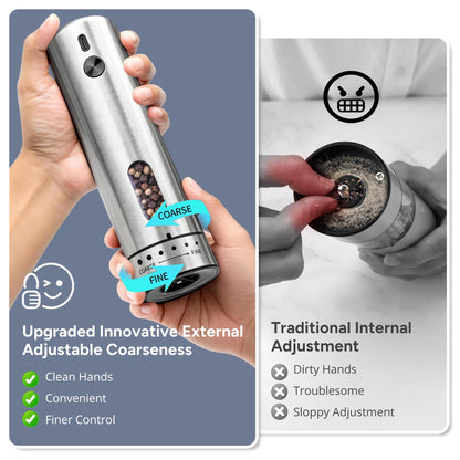 Rechargeable Electric Salt and Pepper Grinder Set with 6 Adjustable Coarseness, Large Capacity, LED Light, Stainless Steel Automatic Pepper Mill - BBQ Accessories, Cooking Gift for Dad, Men Women