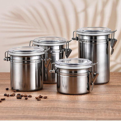 4-Piece Stainless Steel Airtight Canister Set with Clear Lids, 28/32/38/65 oz Food Storage Containers with Clamp Locks for Coffee, Tea, Sugar, Flour, Candy, Cookie, Kitchen Organization (Silver)