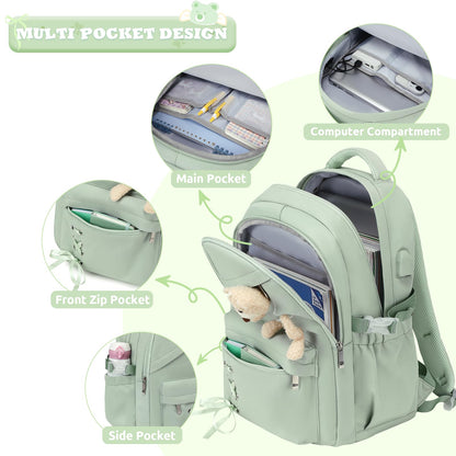 ACESAK School Backpack for Girls - 3 PCS Cute Girls Backpack with Lunch Box & Pencil Case - Kawaii Casual Kids Bookbag School Bag Daypacks Set for Elementary Middle High School Student Teens (Green)