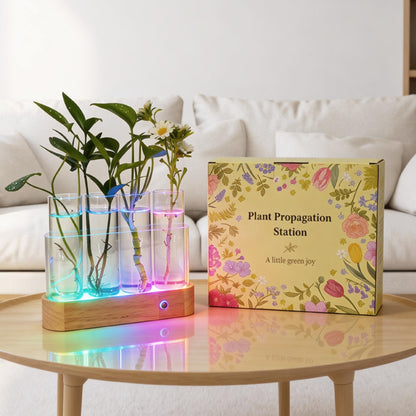Plant Propagation Station with RGB Lights, Wooden Stand, 4 Glass Test Tubes for Hydroponic Plants, 9 Lighting Modes, Unique Gift for Plant Lovers