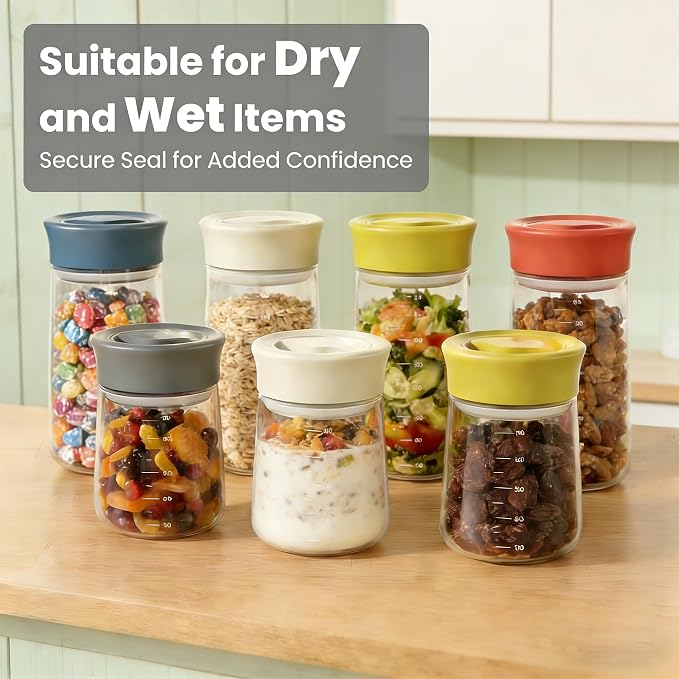LAKUMIQI Overnight Oats Containers with Lids, 17oz Glass Jars with Airtight Lids, One-Hand 90° Twist-Off Wide Mouth Food Storage for Coffee Bean, Chia Pudding, Meal Prep, Pantry, Beige