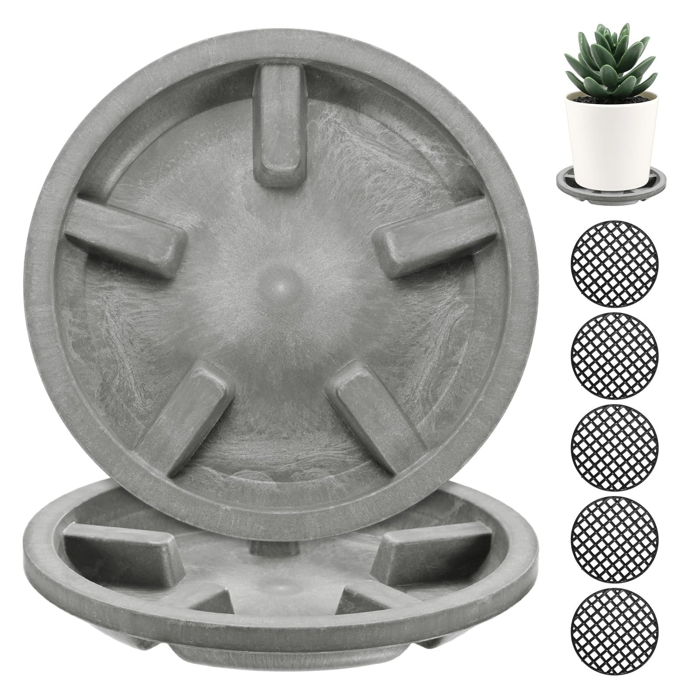 M METERXITY 2-Pack Plant Saucer, 3.74 Inch/9.5 cm Plastic Plant Trays Thicker for Pots/Indoor/Outdoor/Water Drainage and Protection, Flowerpot Drip Tray [Gray Veins]