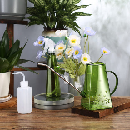 Goowin Watering Can Indoor Plants, 47 oz Long Spout House Plant Flower Watering Can, Creative Wide Opening Plastic Watering Can with 16 oz Spray Bottle & 8.5 oz Squeeze Bottle, Green