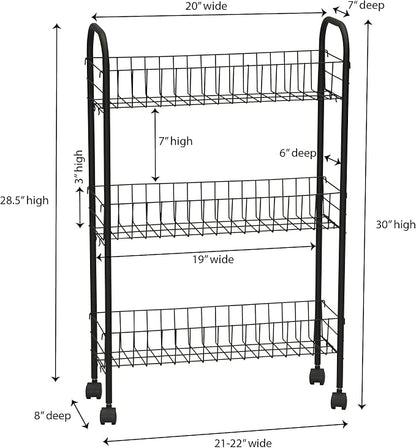 Household Essentials Matte Black Slim, 3 Shelf Storage Cart with Wheels