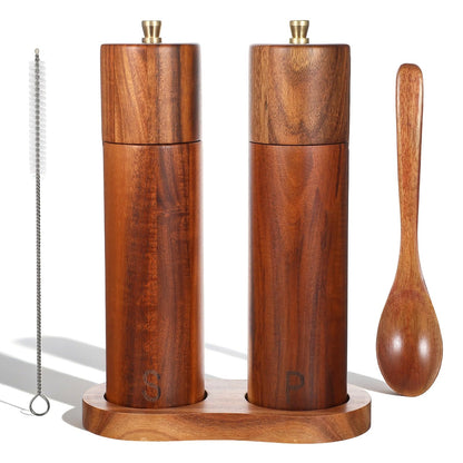 KongTiva 2 Pack Wooden Salt and Pepper Grinder Set, 8 Inch Adjustable Coarseness Manual Salt and Pepper Mill with Brush and Spoon, Acacia Wood Refillable Grinders for Kitchen Home Gift