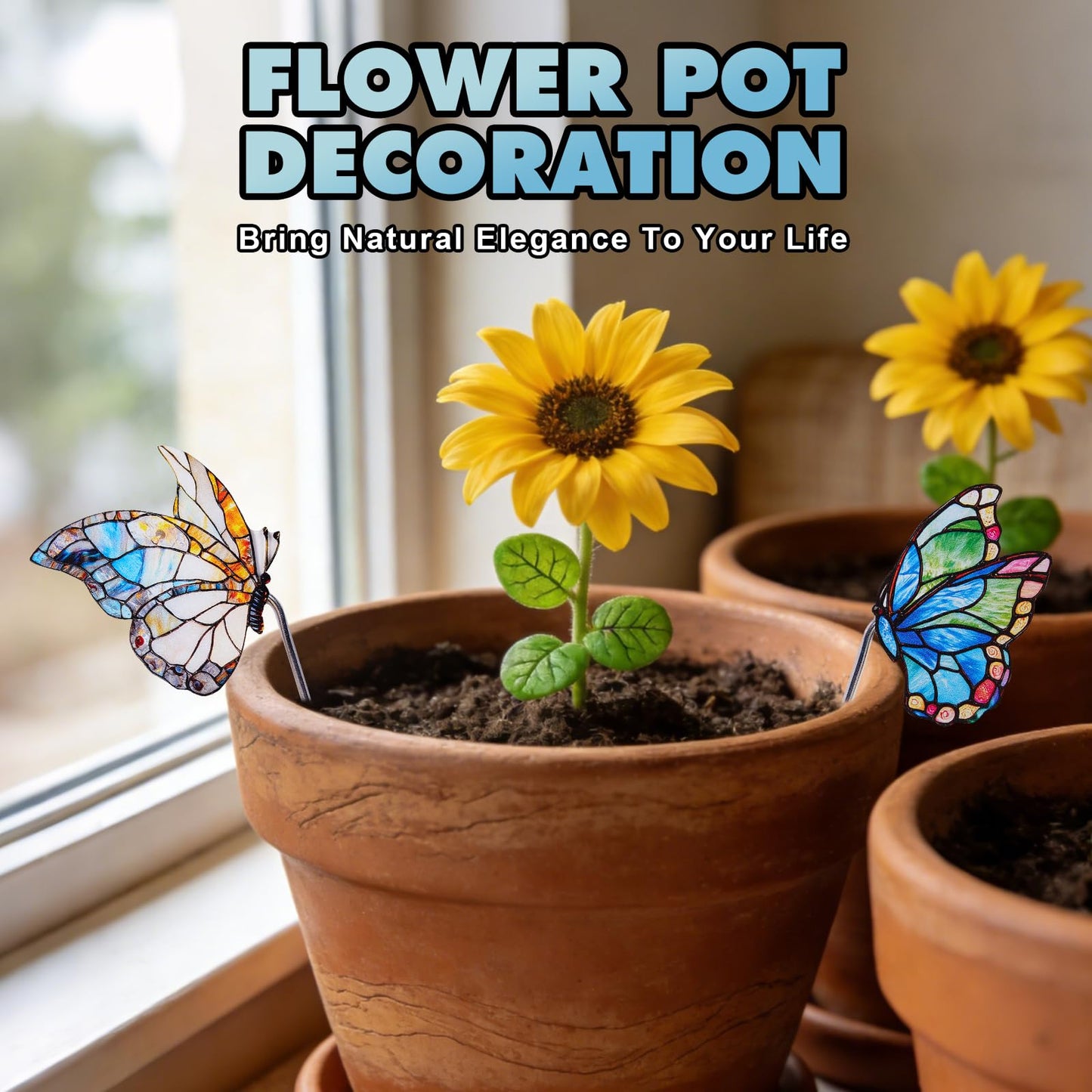 GTUDOR Flower Pot Decoration, 2Pcs Acrylic 2D Butterfly Plant Pot Hugger, 4.6 Inch Stained Butterfly Garden Stake Ornament Insert Decor for Indoor Patio (B)