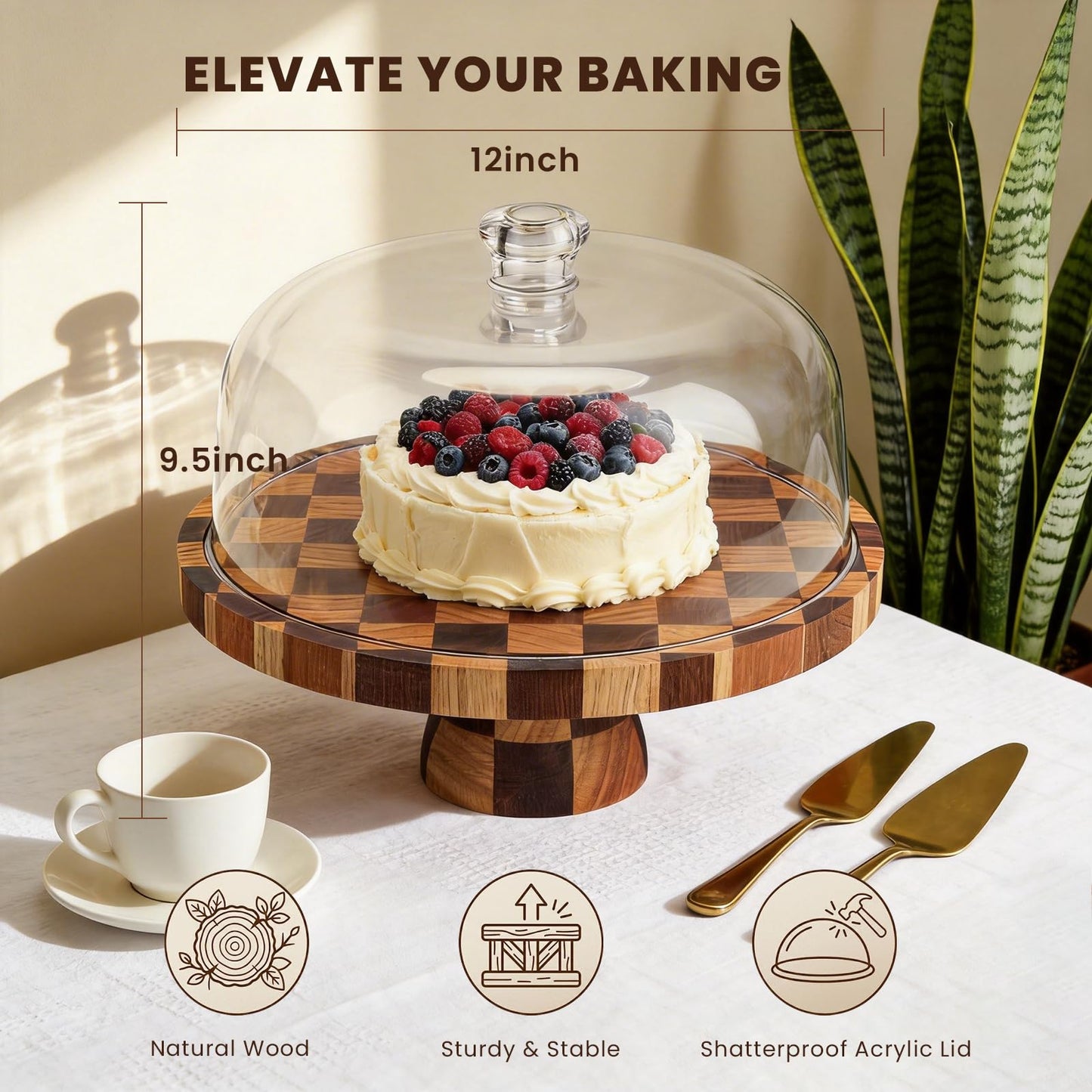 Metflavor Cake Stand with Dome Lid - 12in Wooden Cake Stand with Shatterproof Acrylic Dome, 2-in-1 Dessert Display & Charcuterie Board, Checkered Platter for Serving Cupcakes, Cheese and Fruits