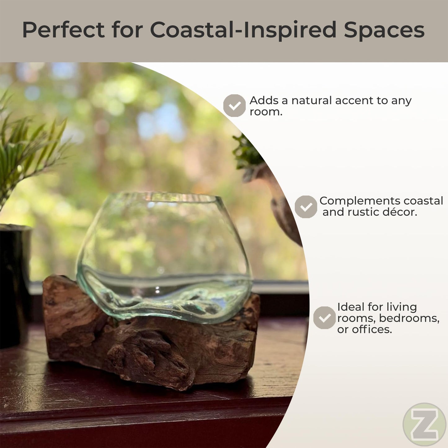 Zeckos Planter Terrarium with Molten Glass Bowl on Driftwood Base, Coastal Wood and Glass Tabletop Planter, 7.5 X 7 X 6 Inch Freestanding Indoor Accent for Succulents or Air Plants