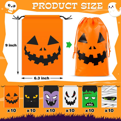 Sanwuta 60 Pcs Halloween Drawstring Treat Bags Reusable Trick or Goody Candy Drawstring Bags Halloween Party Favors Bulk for Trick or Goody Party Favors Supplies