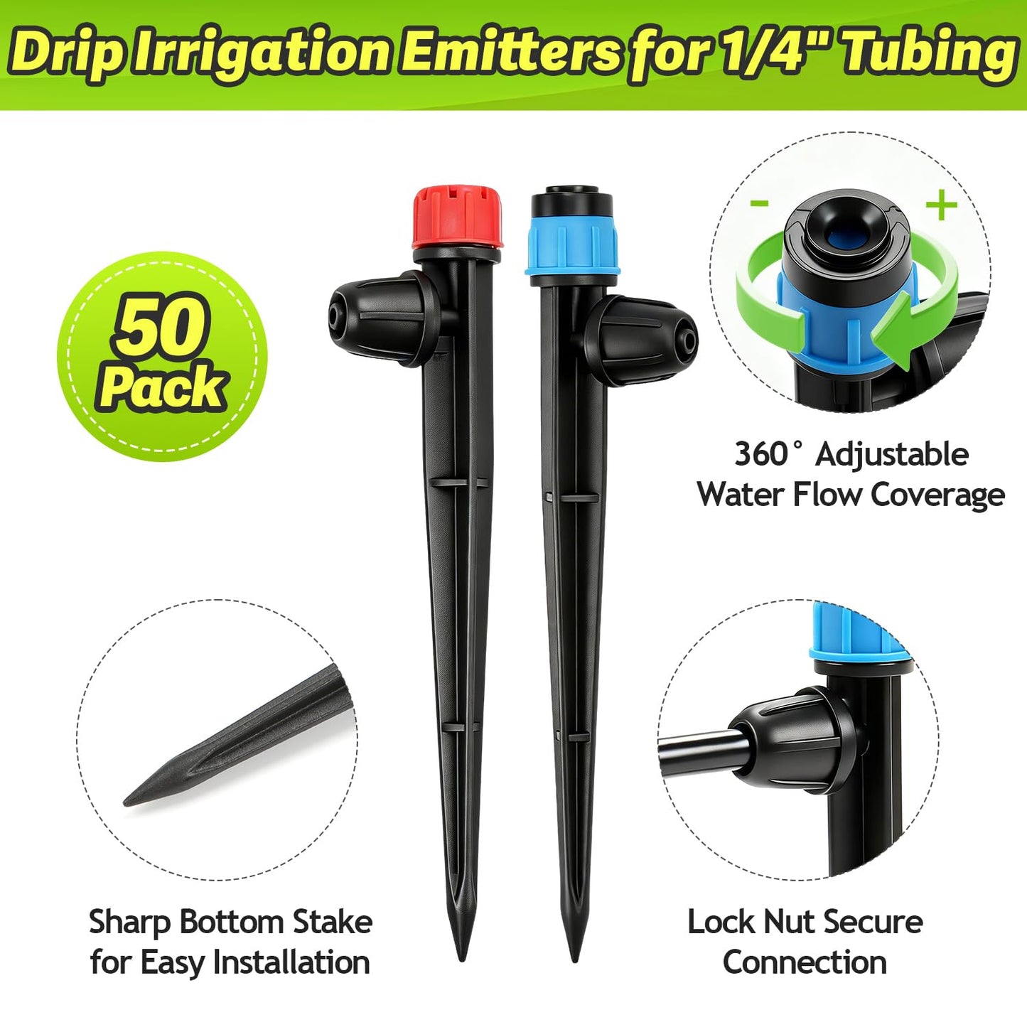 Copadri 50pcs Drip Emitters with Stake for 1/4" Irrigation Tubing, Adjustable 360 Degree Water Flow Irrigation Vortex Sprayers & Stream Emitters On 5" Stake Garden Irrigation Dripper System