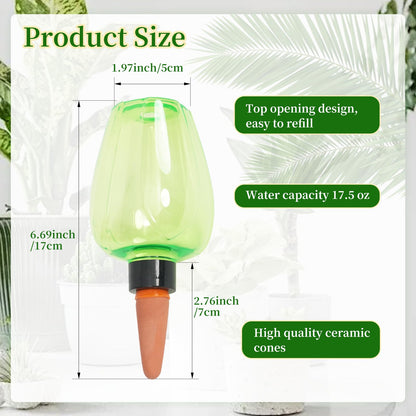 GEWOSI 6pcs Plant Self Watering Globes, Plastic Water Bulbs Top Fill, 12.3 oz Plant Watering Devices System Slow Release Terracotta, Water Spikes Stakes for Indoor (Green-6pack)
