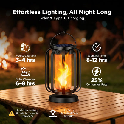 Hompavo Gen2 Solar Lanterns Outdoor Lights with Ultra-Real Flame, 2 Charging (USB/Solar) & 4 Modes - Waterproof Decorative Hanging/Table Lights for Pathway Yard Patio Garden Decor Gifts for Women, 2