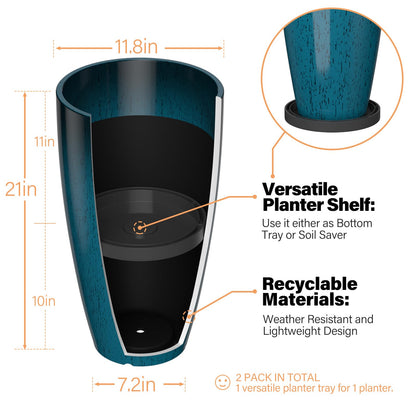 ZMTECH 21 Inch Tall Plant Pots for Indoor & Outdoor Use Set of 2, Large Plastic Planters with Removable Tray for Outside with Drainage Holes for Front Porch Patio Garden, Dark Teal Blue