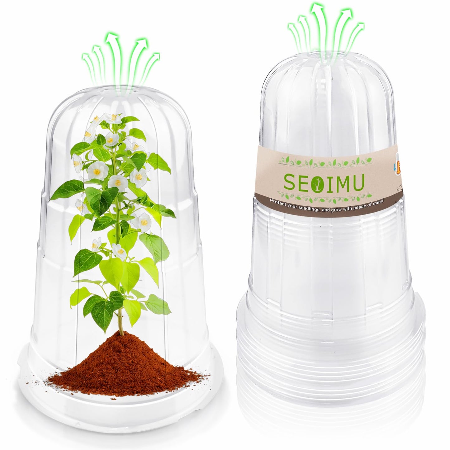 SEOIMU 10 Pcs Upgraded Transparent Garden Cloches for Plants, Reusable Plant Covers, Plant Protectors from Animals for Garden Plants, Plant Covers Freeze Protection, Compatible with Slug Collar