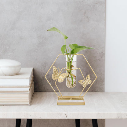 JOINPAYA Hydroponic Glass Flower Vase with Metal Hexagonal Frame, Butterfly Pattern Decorative Desktop Terrarium, Delicate Plant Holder for Home and Office Décor