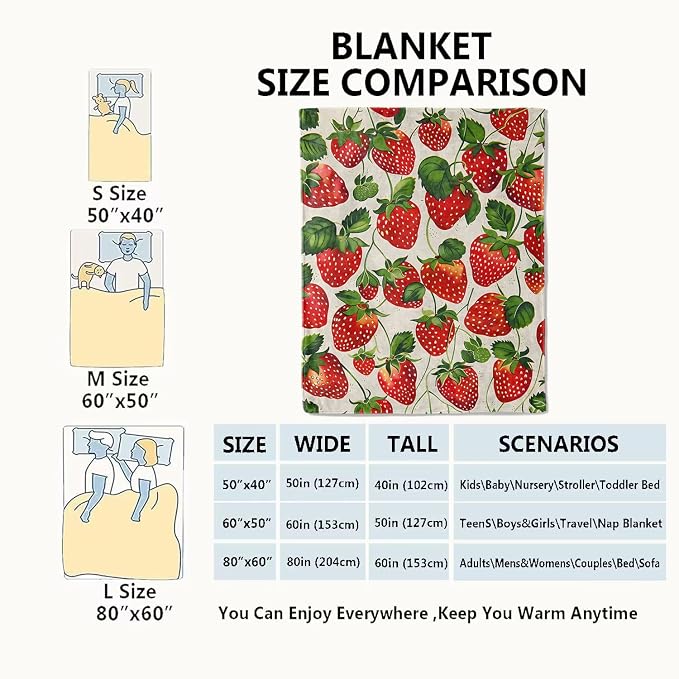 Strawberry Blanket Lush Red Strawberries Throw Blankets with Green Leaves,Birthday Gifts for Kids Adult Women,Lightweight Soft Fleece,for Sofa Couch Bed Room Farmhouse Decor 60x80in