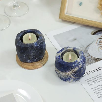 TUMBEELLUWA Sodalite Gemstone Tea Light Candle Holders for Table Centerpiece Wedding Party, Blue Decorative Crystal Votive Candle Holders for Christmas Thanksgiving
