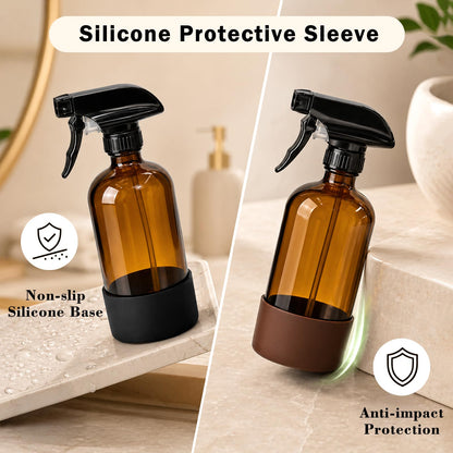 CHEODIN 360° Glass Spray Bottles 16 oz for Hair Cleaning with Silicone Sleeve, 2 Pack Amber Refillable Containers with Adjustable Spray Nozzles, Empty Spray Bottles for Plant Amber