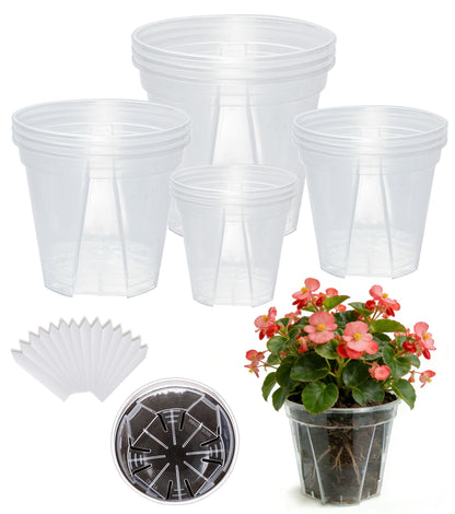 RZOIKZOI 12-Pack Thick Clear Nursery Pots(4/5/5.5/6.3 Inch) – Transparent Plastic Plant Pots with Drainage Holes & 12 Labels, Assorted Sizes for Seed Starting, Succulents, Indoor Outdoor Use