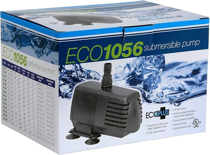 EcoPlus Eco 1056 Water Pump Fixed Flow Submersible Or Inline For Aquariums, Ponds, Fountains & Hydroponics - UL Listed, 1083 GPH, Black