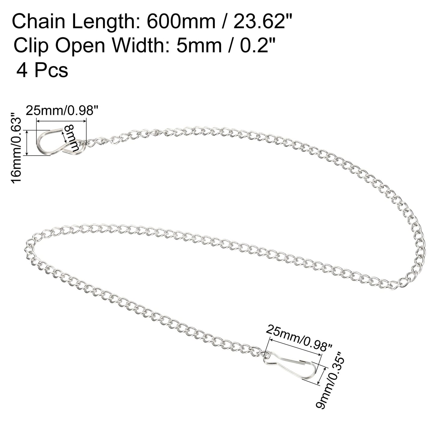 MECCANIXITY Hanging Chain with Hooks Clips 23.62 Inch Garden Plant Hangers for Signboard Chalkboard Basket Lantern Wind Chime, Stainless Steel Pack of 4