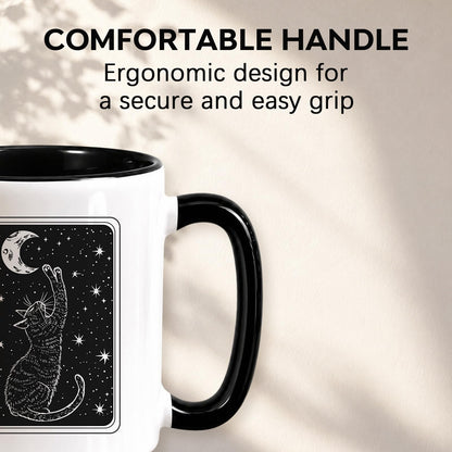 RVEAFA Black Cat Mug 15 Oz Ceramic Coffee Cup, Witchy Moon Gothic Mug Cute Cat Pet Themed Gift, Unique Coffee Mugs for Women, Halloween Coffee Cups Pretty Mugs for Home Kitchen Office