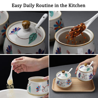 Evannt Porcelain Sugar Bowl Set of 2 Porcelain Sugar Jar with Lid and Spoon Sugar Canister Storage Container for Sugar Salt Spice Pepper Condiment (Style 2)